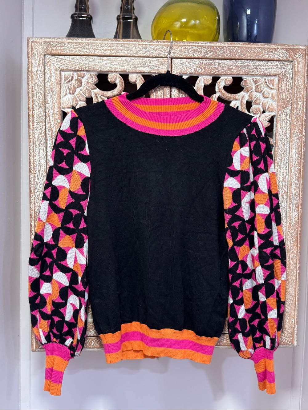 Fate Black Sweater with Pink & Orange Geometric Puff Sleeves